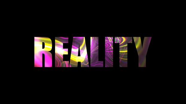 Letters of bright shiny Reality text, 3d rendering background, computer generating for gaming