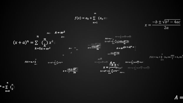 Scientific 3d background with physical and mathematical task solutions, formulas in space, 3d computer generated backdrop