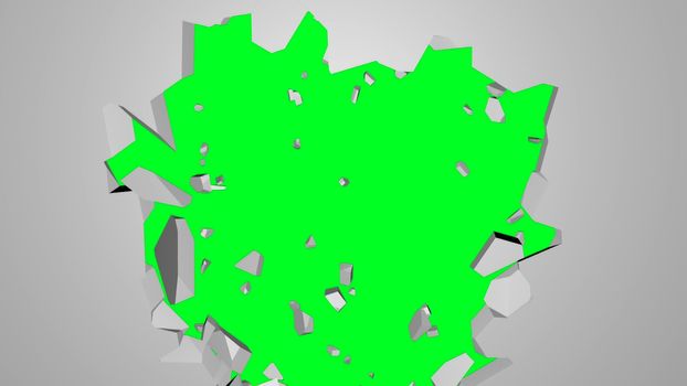 Abstract 3d rendering of cracked wall, destruction, explosion broken white wall with hole, computer generated backdrop