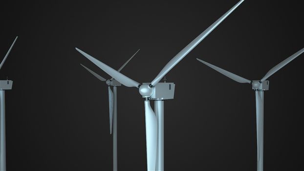 Rotating windmills in space, 3d rendering background, computer generating for ecology design