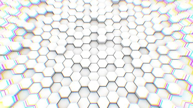 Abstract geometric hexagons, optical Illusion, computer generated 3D rendering backdrop.