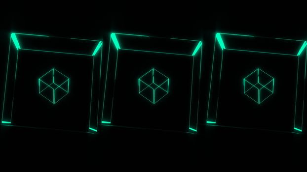 Many transparent neon cubes rotating in space, 3d rendering background, computer generating