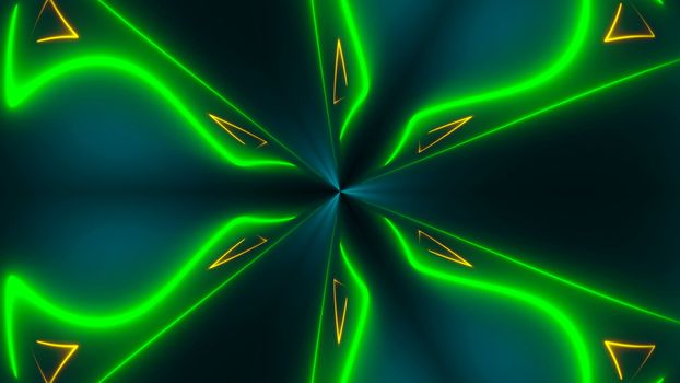 Beautiful abstract symmetry kaleidoscope with shiny neon lines, 3d rendering backdrop, computer generating background