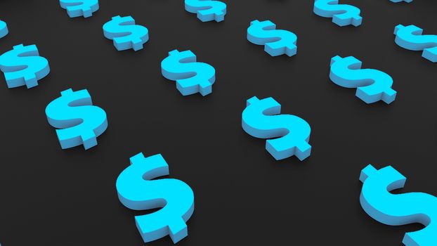 Many signs of dollar on black background, 3d Illustration, computer rendering