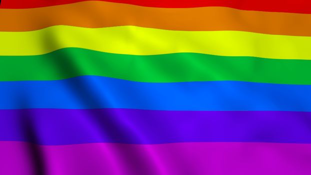 Waving rainbow gay rainbow flag on wind, 3d rendering backdrop, computer generating