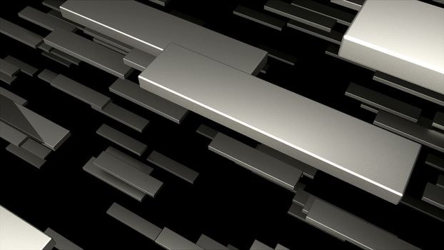 Many 3D metallic blocks are in space, computer generated modern abstract background, 3d rendering