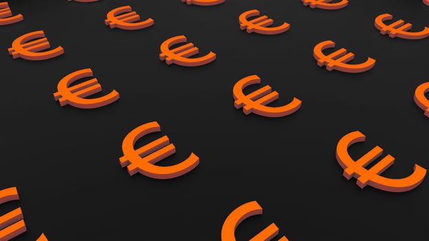 Many signs of euro on black background, 3d Illustration, computer rendering