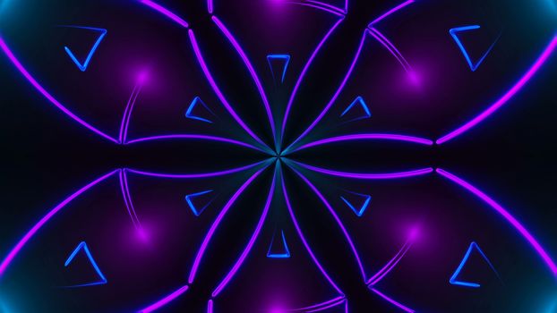 Beautiful abstract symmetry kaleidoscope with shiny neon lines, 3d rendering backdrop, computer generating background