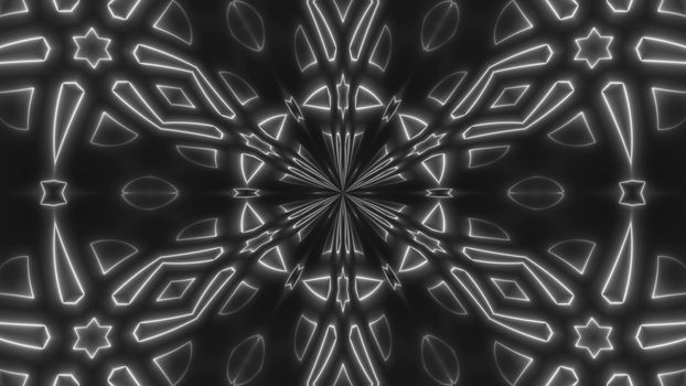 Beautiful abstract symmetry kaleidoscope with shiny neon lines, 3d rendering backdrop, computer generating background