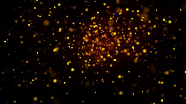 Many gold glittering particles in space, computer generated abstract christmas background, 3D rendering