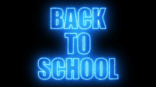 Burning Back to school text on black, 3d rendering background, computer generating