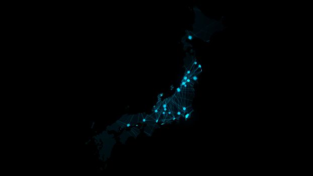 Japan map with many network connections, 3d rendering computer generated background