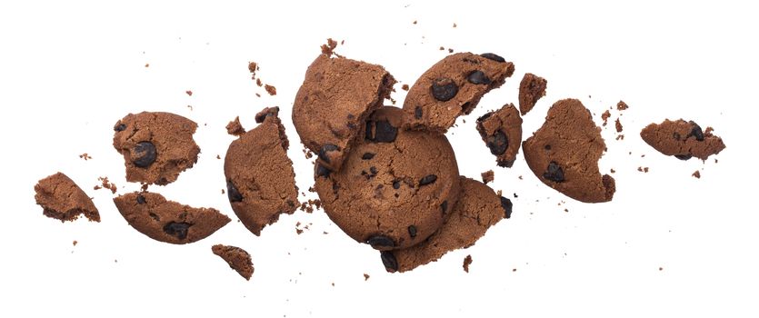 Broken chocolate chip cookies isolated on white background with clipping path. Collection