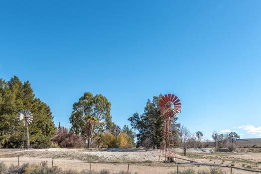 Farm landscape on road R356 between Loxton and Fraserburg in the Northern Cape Province. 9 water-pumping windmills are visible
