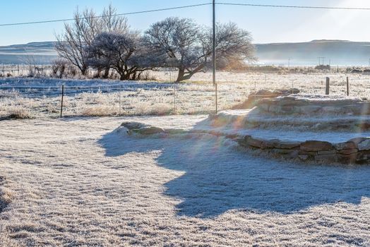 Heavy frost at a farm near Sutherland in the Northern Cape Province. Rainbow colors are visible