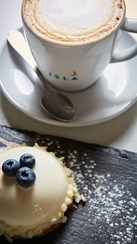 Vanilla bavarian mousse cake with cherries and dark chocolate on top. Made with cream cheese and whipped cream.