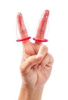 Two condom on fingers isolated on white background, Save clipping path.