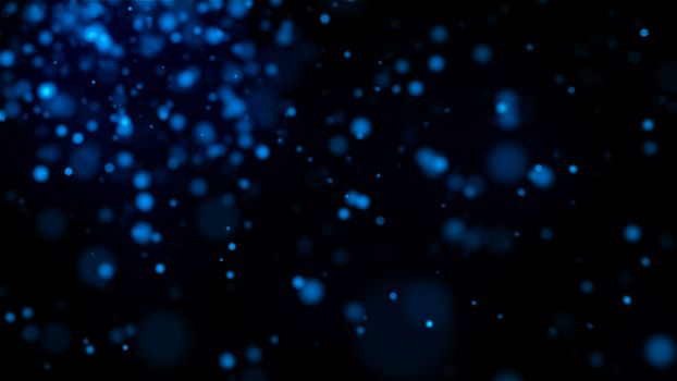 Many blue glittering particles in space, slow motion, computer generated abstract background, 3D render