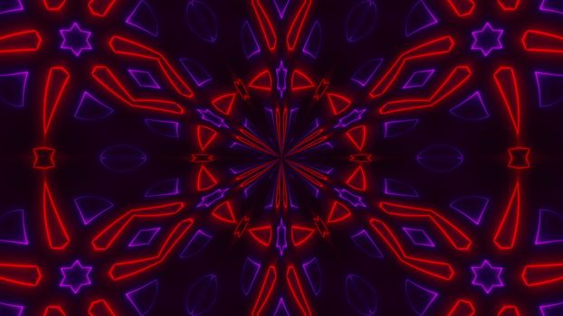 Beautiful abstract symmetry kaleidoscope with shiny neon lines, 3d rendering backdrop, computer generating background