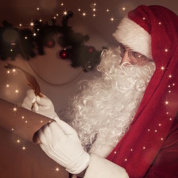 Santa Claus sitting at home and writing on old paper roll to do list with quill pen and ink