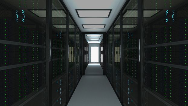 Modern server room interior in datacenter, web network and internet telecommunication technology, big data storage and cloud service concept, 3d rendering