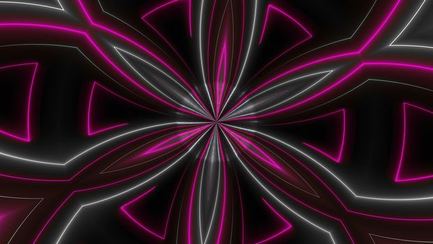 Beautiful abstract symmetry kaleidoscope with shiny neon lines, 3d rendering backdrop, computer generating background