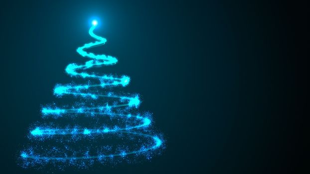 Simple christmas tree as spiral from many shiny particles in space, 3d rendering background for happy holidays