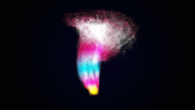 Colorful particles tornado in black space, power twister, 3d rendering computer generating background