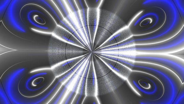 Beautiful abstract symmetry kaleidoscope with shiny neon lines, 3d rendering backdrop, computer generating background