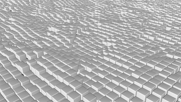 Many abstract cubes, optical Illusion as sea waves, modern computer generated 3D render backdrop