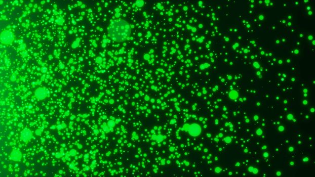 Many abstract small green particles in space, computer generated abstract background, 3D rendering backdrop