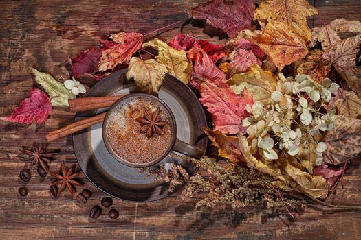 Dry leaves and flowers on a textured background