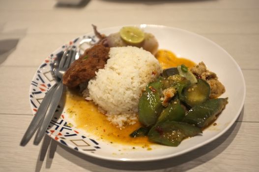 Rice and Spicy stir fry eggplant and minced pork in Rice and Curry Shop at Central Village outlet near Suvarnabhumi , Thailand