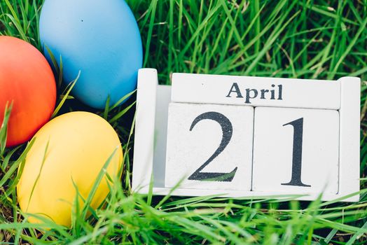 Easter egg on garden grass background, 21 April, Happy easter day concept