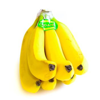 Close-up bright yellow banana cluster isolated on white background. Bunch of fresh bananas with organic label signage, clipping path and copy space