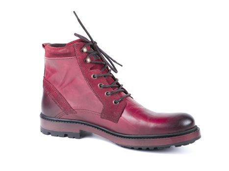 Male pink leather boot on white background, isolated product.