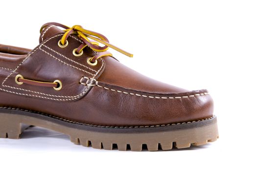 Brown leather shoe on white background, isolated product.