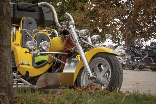 Tricycle exhibited during a motorcycle event in Italy.