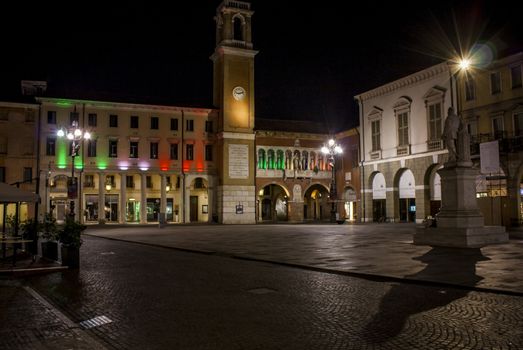 View of the historical center of Rovigo, a historic Italian city. Night landscape of the old town lit with artificial lighting.