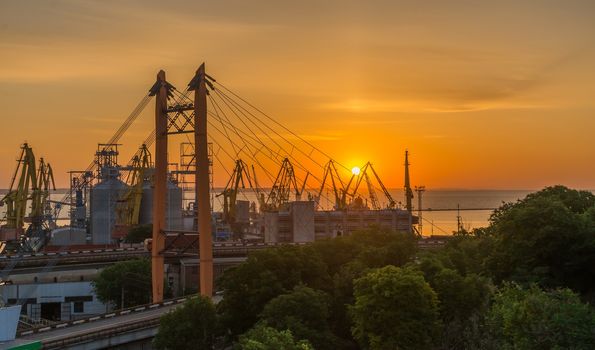 Odessa, Ukraine - 06.12.2019.  Dawn in the Odessa Commercial Port, Ukraine