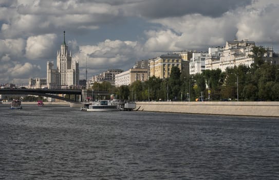 Russia, Moscow, Center of City View on River, Bridge and Buildings of Different Styles.