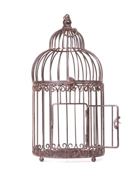 Empty rusty birdcage on white background, isolated