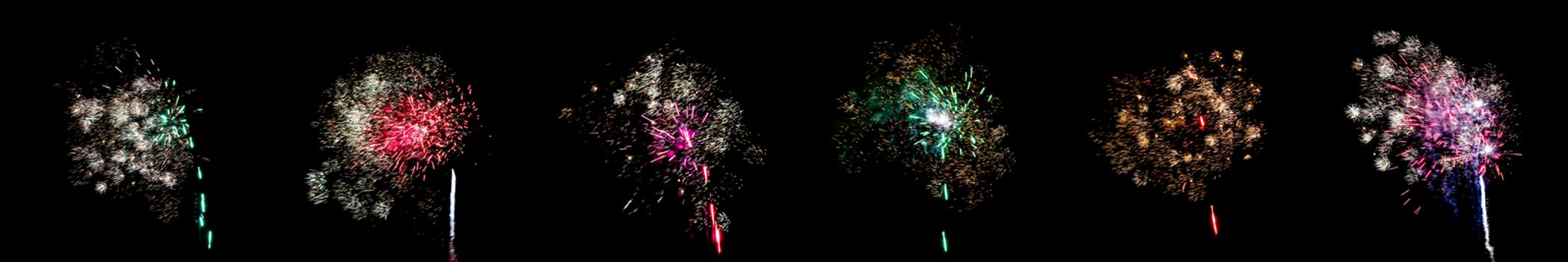 Set of multicolored flashes of fireworks isolated on black background.