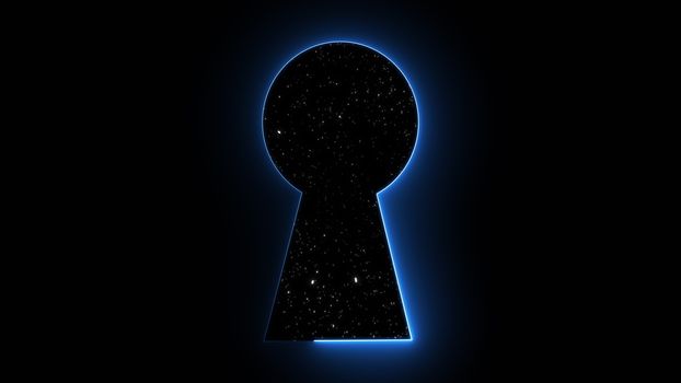 Neon keyhole with stars, computer graphics abstract background, 3D rendering