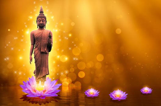 Buddha statue water lotus Buddha standing on lotus flower on orange background