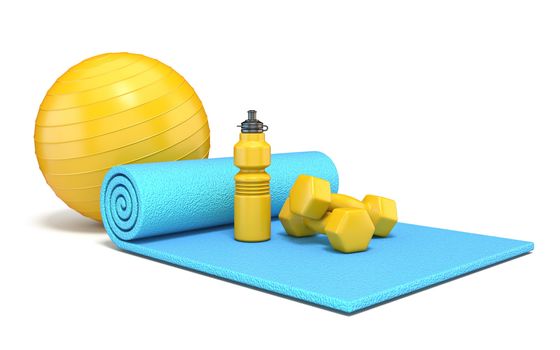 Exercise mat with weights, fitness ball and watter bottle 3D rendering illustration isolated on white background