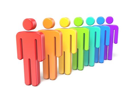 Rainbow colored abstract figures in a row 3D render illustration isolated on white background