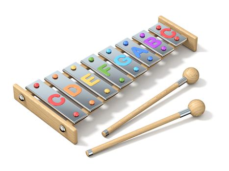 Colorful eight note, one octave xylophone 3D render illustration isolated on white background