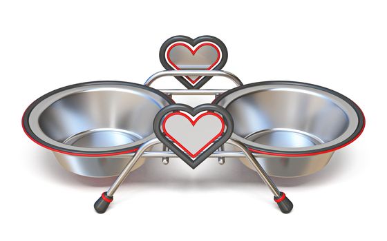 Double pet bowl with hearts 3D render illustration isolated on white background