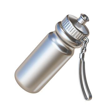 Silver sport water bottle angled 3D render illustration isolated on white background